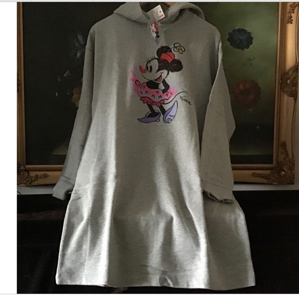 NWT Uniqlo WOMEN MICKEY ART DANNY SANGRA HOODED SWEAT LONG-SLEEVE DRESS Gray S